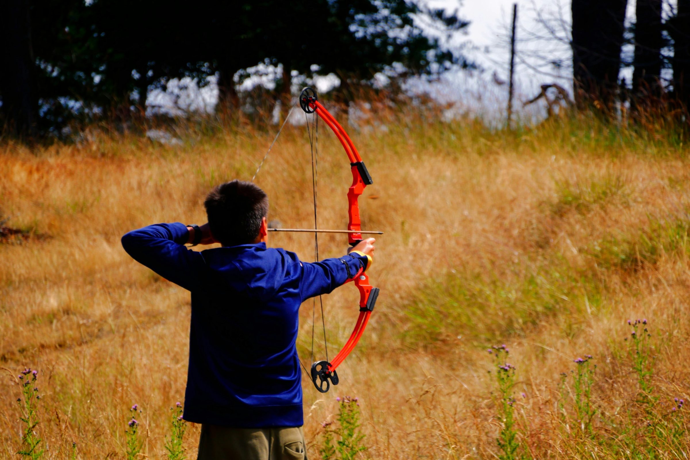 Archer drawing a compound bow in an open field
